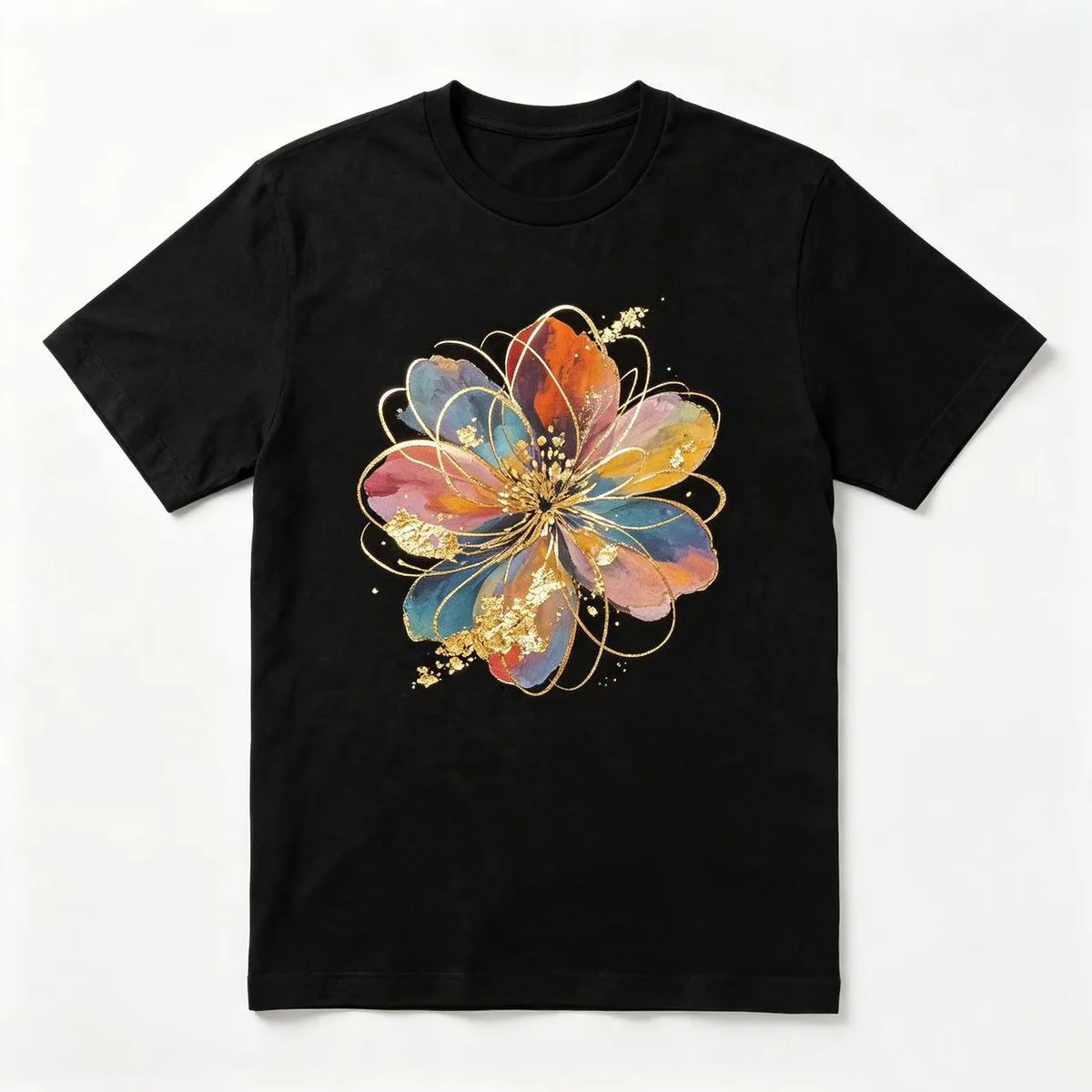 Black T-shirt concept with a colorful flower and gold line accents